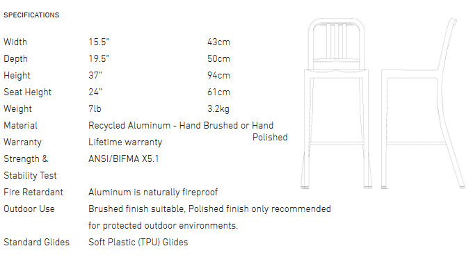 NAVY Chair E1006-24 emeco エメコ ネイビーカウンタースツールの仕様