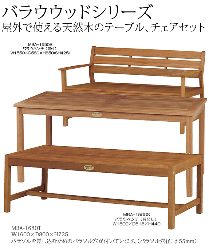 ワイドテーブル160cm幅と背付、背なしベンチのバラウウッドガーデン3点 